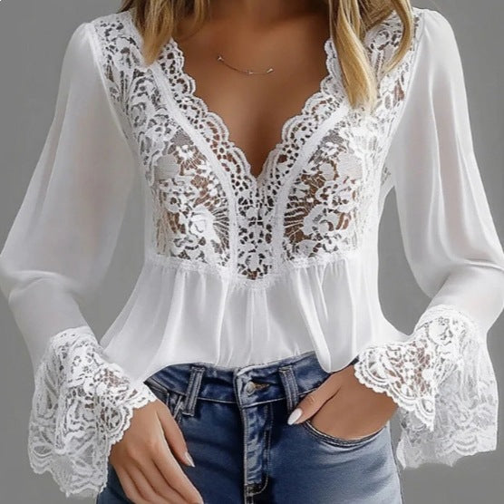 Damen elegante Bluse mit Spitzendetails und gerafftem Saum Lisslune