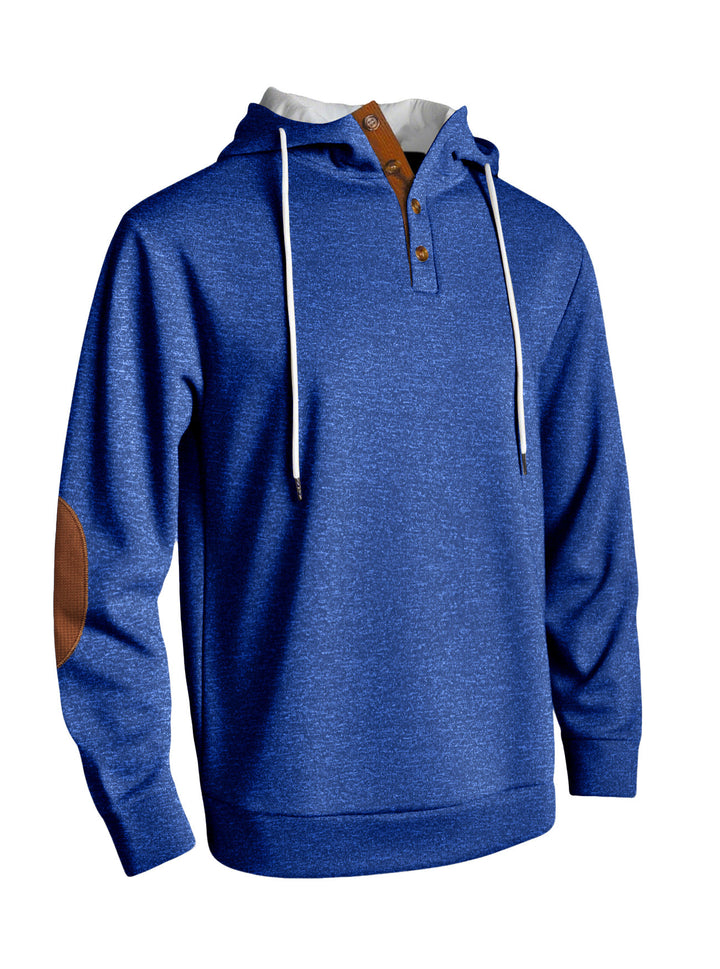 Men's hooded sweatshirt with modern button placket design and reinforced elbow patches Lisslune