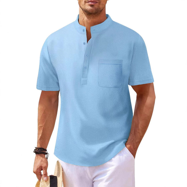 Men's Short Sleeve Shirt with Modern Stand Collar and Subtle Texture Lisslune