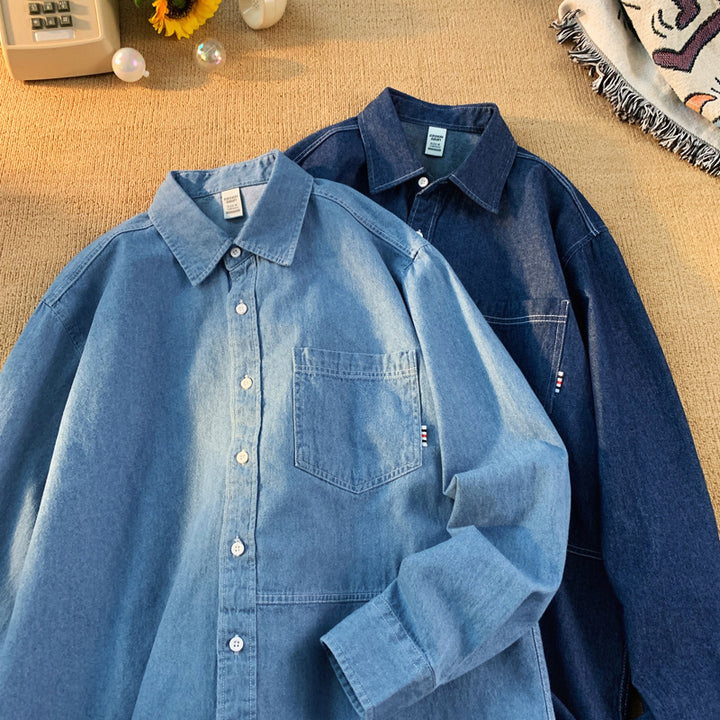 Men's Denim Long Sleeve Shirt with Classic Button-Down Collar Lisslune