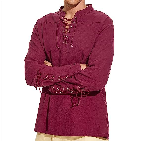 Men's linen shirt with original lacing design and casual stand-up collar Lisslune