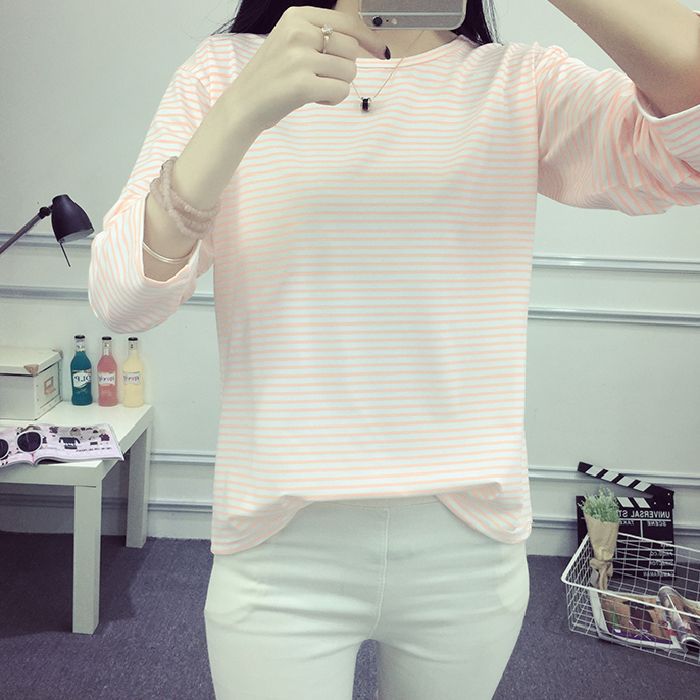 Women's striped long-sleeve shirt with soft textured fabric and casual fit
