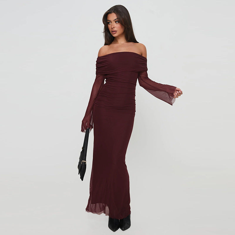 Women's Off-Shoulder Evening Dress with Ruched Design and Long Sleeves Lune London