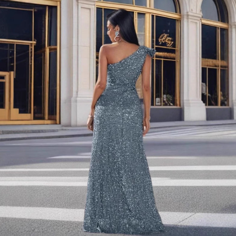 Ladies Glamorous Maxi Dress with Off-Shoulder Design and Sparkling Sequins Lisslune