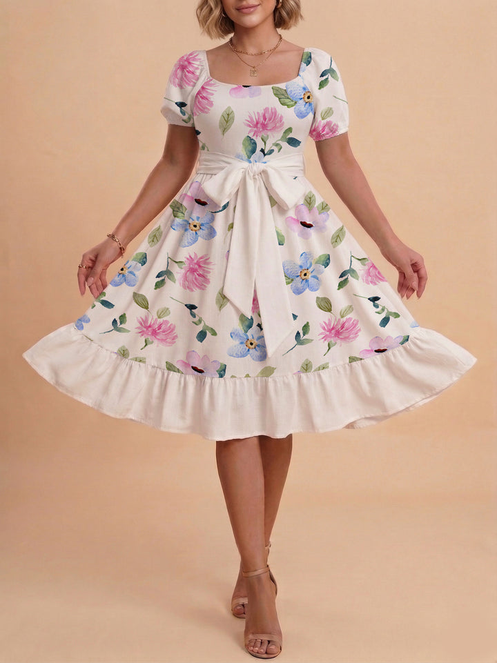 Women A-line dress with floral motifs and adjustable belt Lisslune