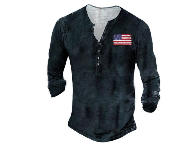 Men's Long Sleeve Henley Shirt with Creative Vintage Route 66 Print and High-Quality CottonBlend Lisslune