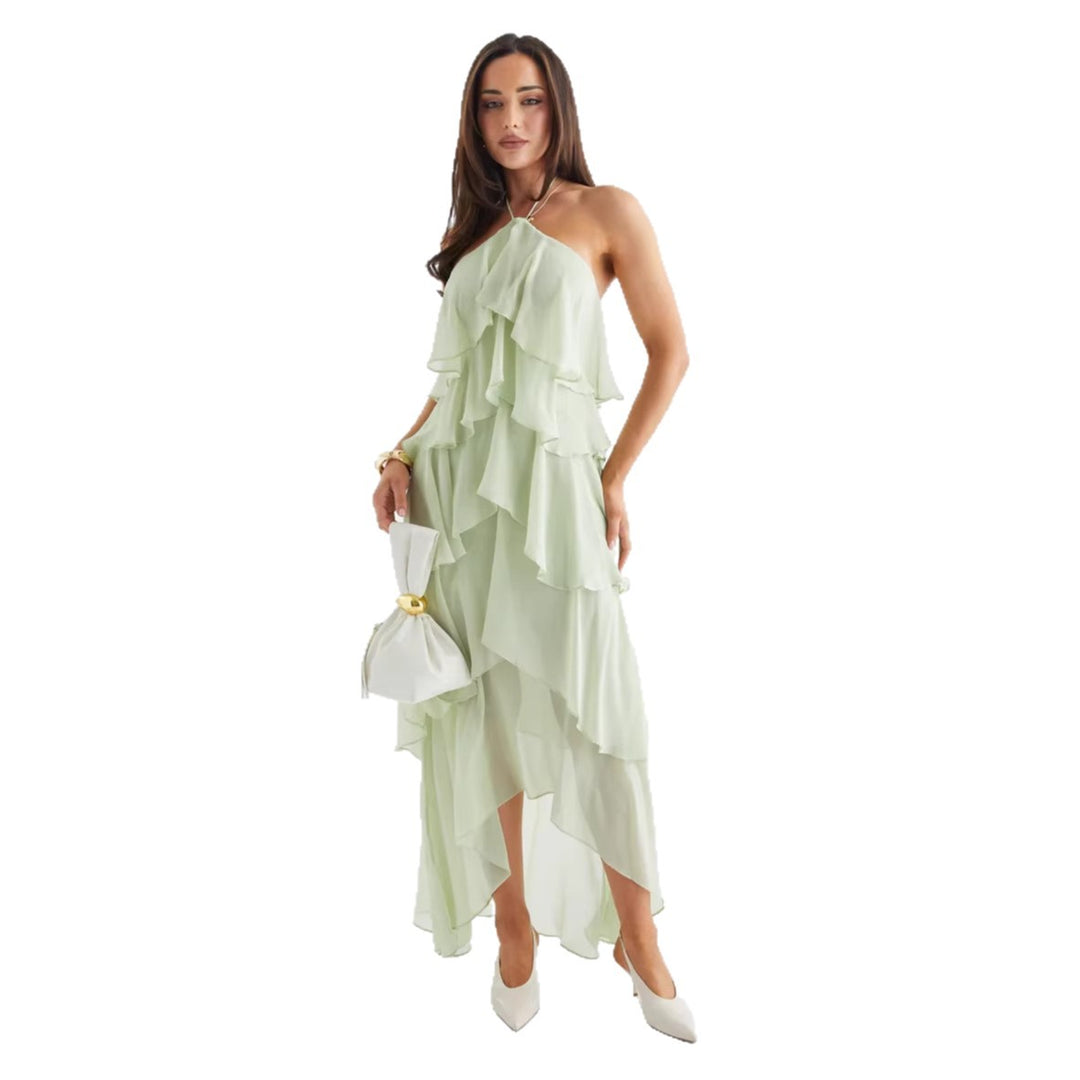 Women's Airy Chiffon Maxi Dress with Ruffle Details and Elegant Halter Neck Lisslune