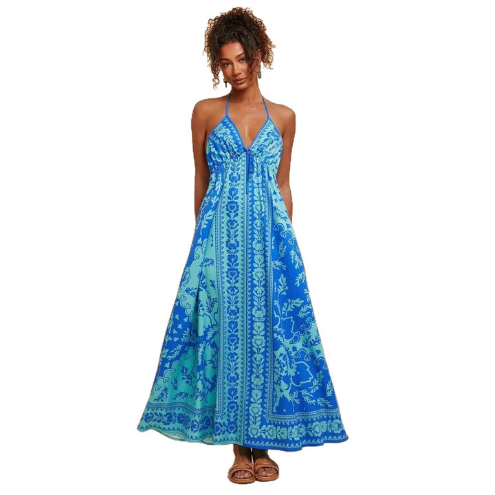Women's maxi dress with deep V-neckline and floral pattern details Lune London