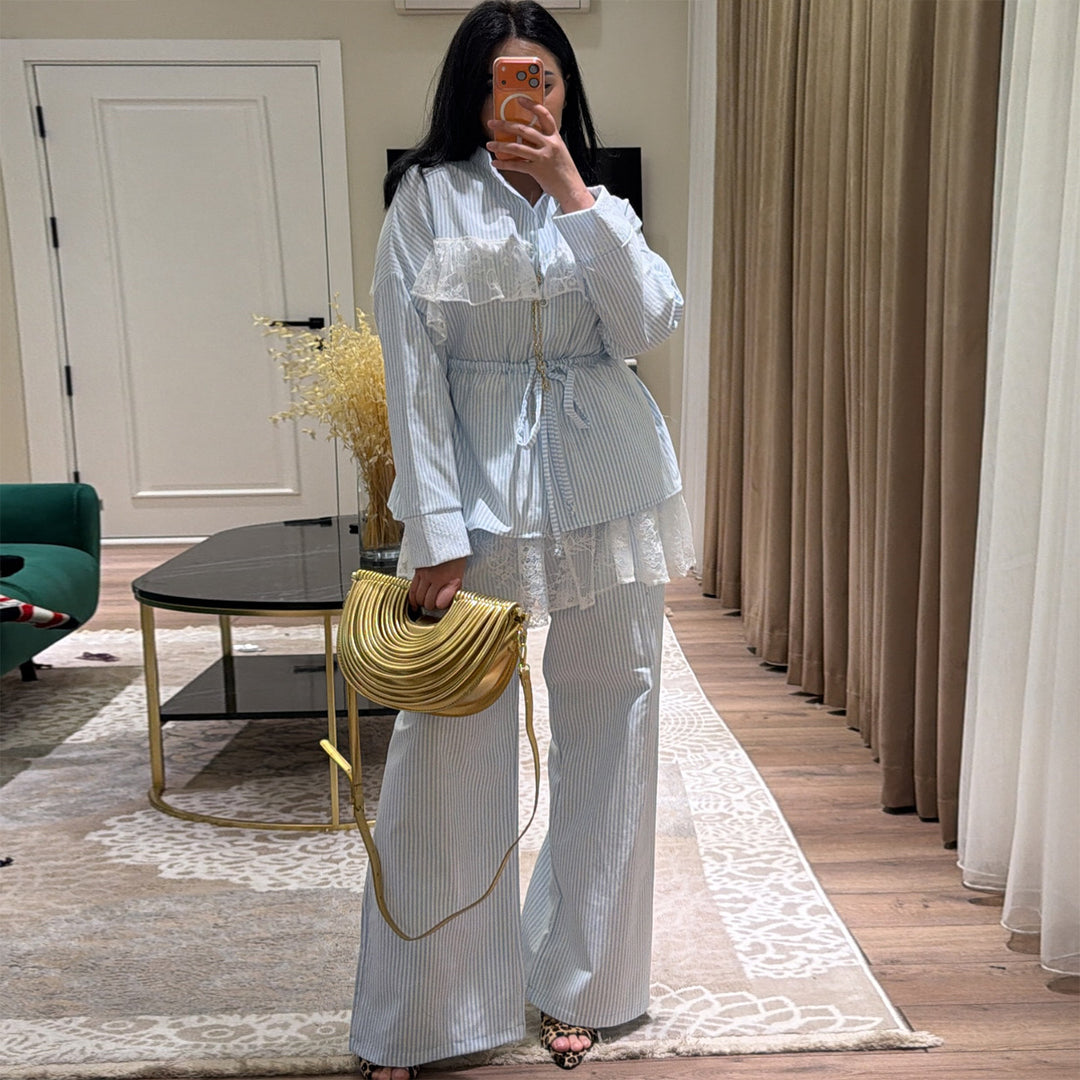 Ladies casual-elegant set with ruffle details and high waistband Lisslune
