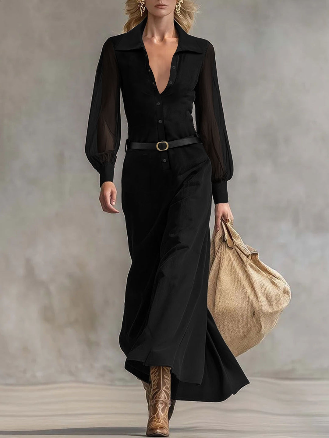 Women's maxi dress with transparent sleeves and waist belt Lisslune