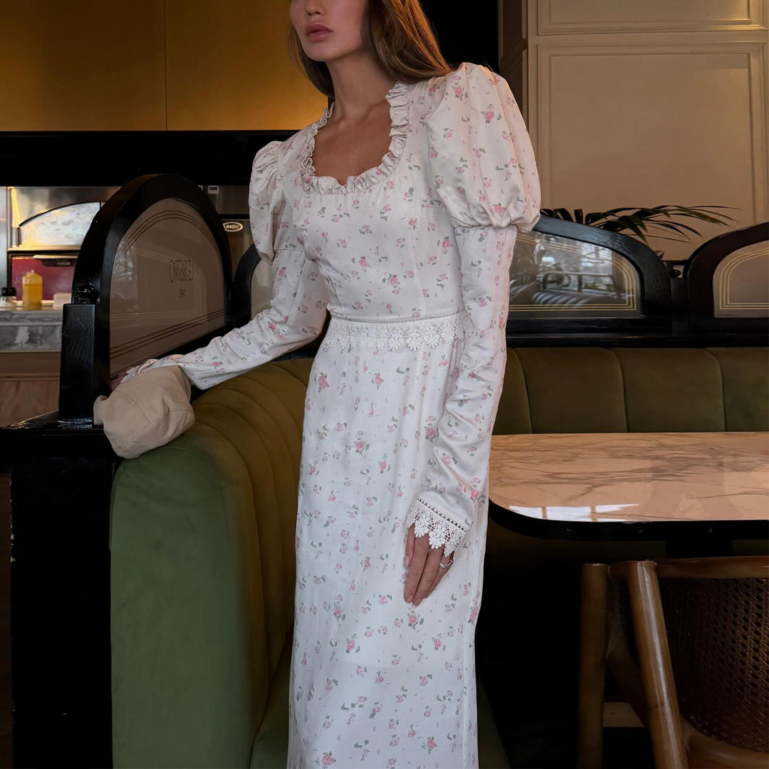 Women's Elegant Maxi Dress with Delicate Ruffle Sleeves and Floral Pattern Lisslune