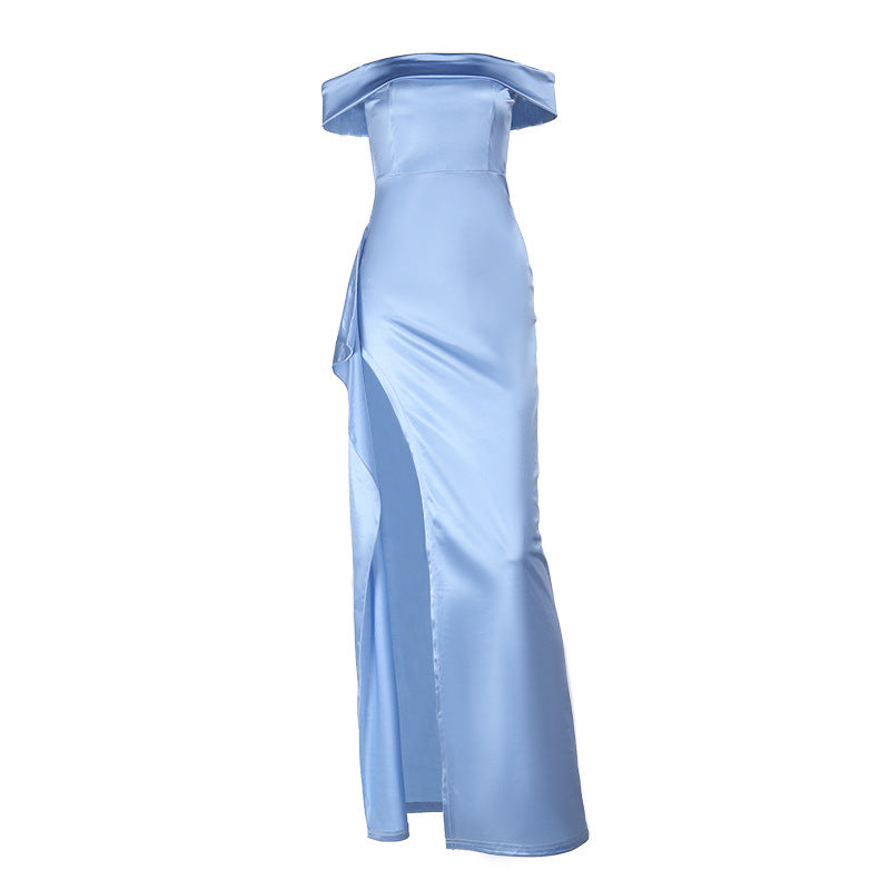 Women's Elegant Floor-Length Evening Dress with Off-Shoulder Design and Slit Lune London