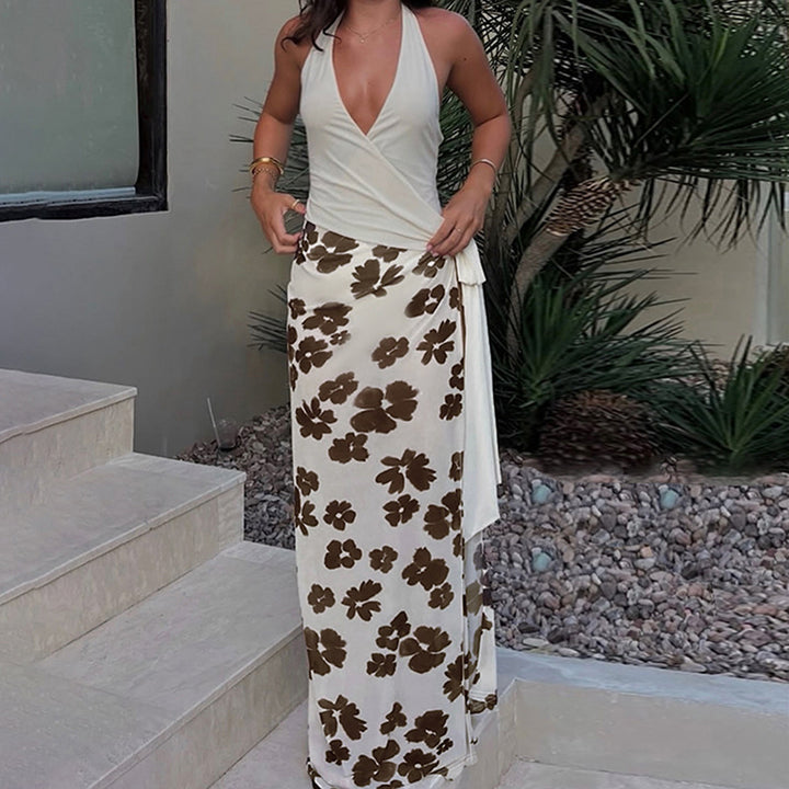 Women's wrap dress with floral design and deep V-neck