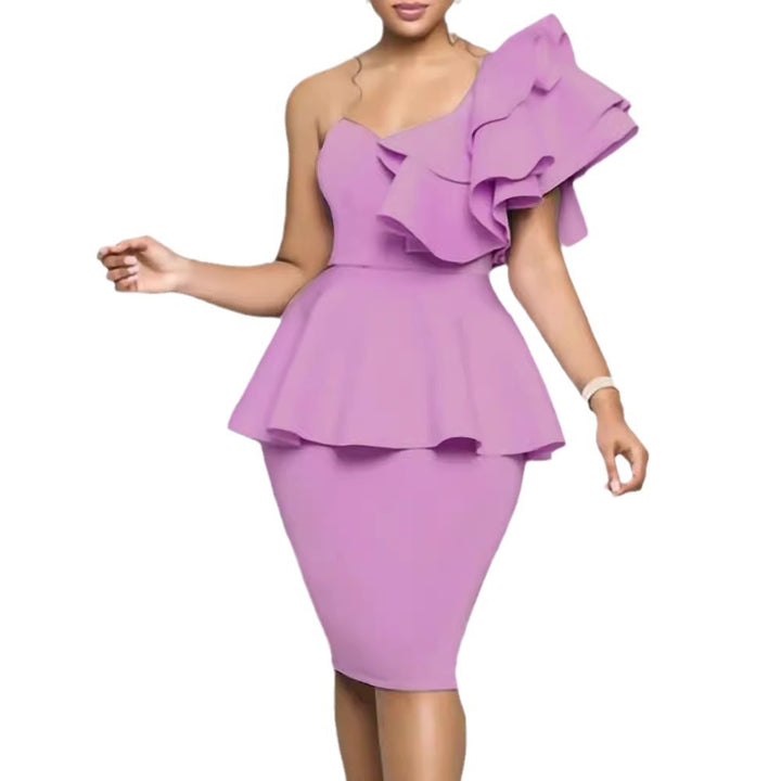 Women's Fitted Peplum Dress with Asymmetrical Neckline and Ruffle Details Lisslune