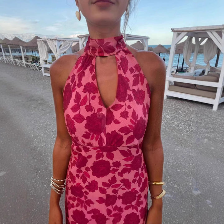 Ladies Elegant Evening Dress with Refined Neckline and Floral Design Lisslune