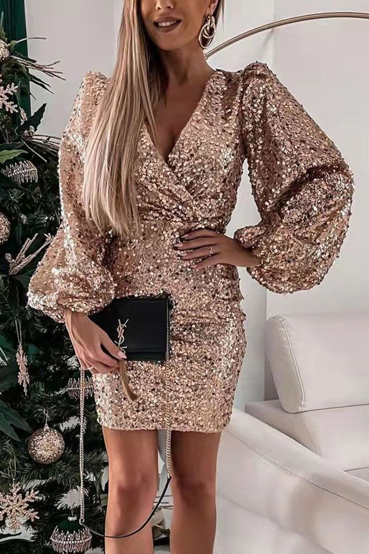 Women Glittering Minidress with Balloon Sleeves and Wrap Look