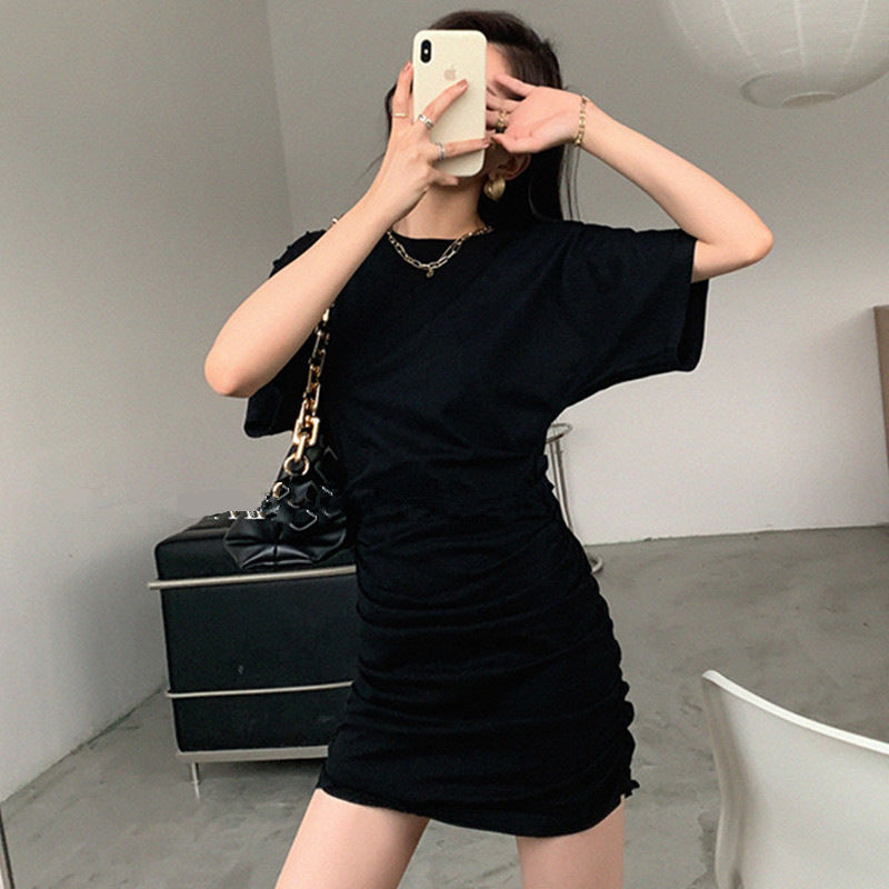 Ladies elegant mini dress with gathering and deep V-neck
