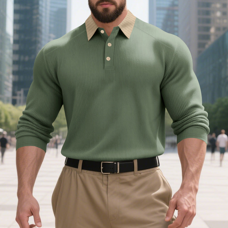 Men's long sleeve polo shirt with textured collar and decorative button closure Lisslune