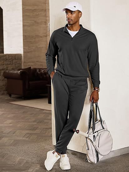 Men's leisure suit with modern stand-up collar and practical zipper pockets Lisslune