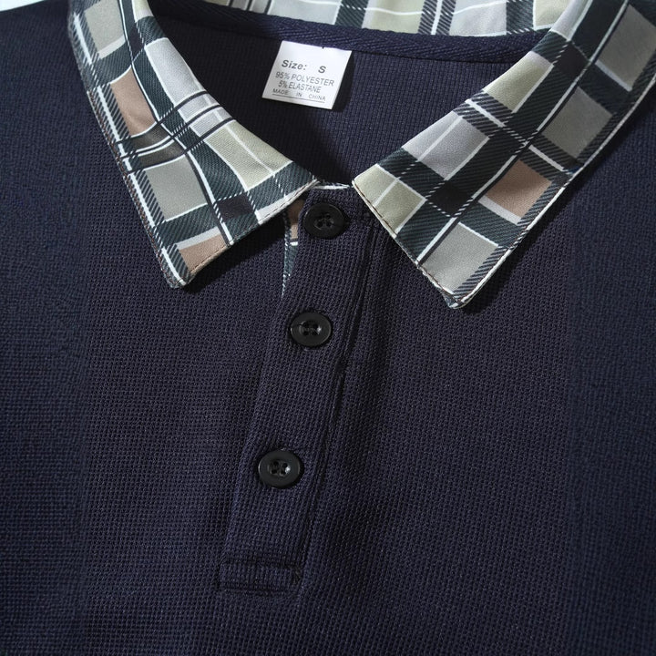 Men's Long Sleeve Polo Shirt with Stylish Check Pattern Lisslune