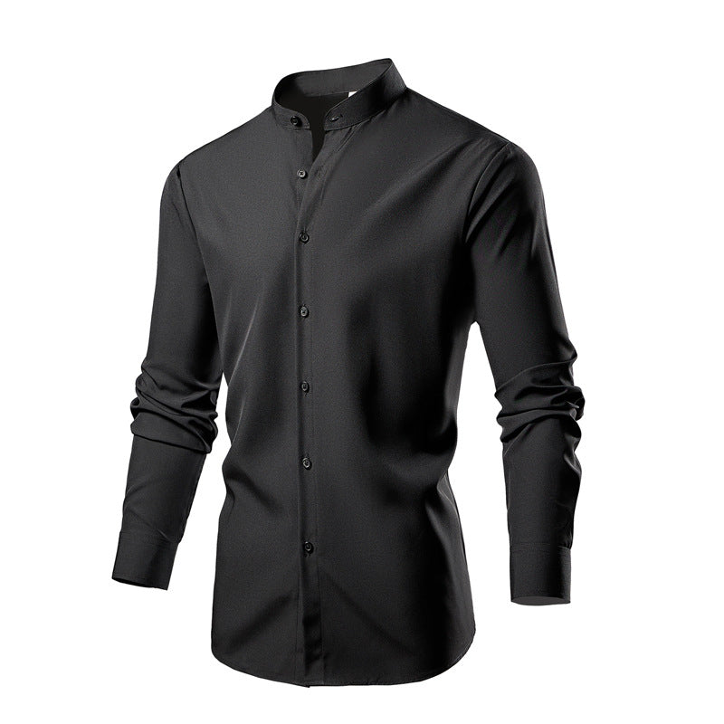 Men's Long Sleeve Kimono Shirt with Modern Stand-Up Collar and Elegant Button Details Lisslune