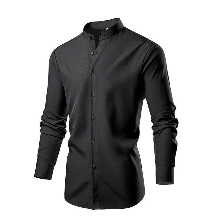 Men's Long Sleeve Kimono Shirt with Modern Stand-Up Collar and Elegant Button Details Lisslune