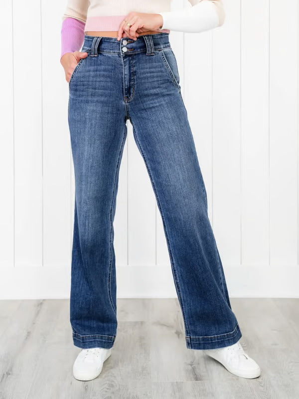 Women's Wide Leg Jeans with High Waist and Elegant Seam Design