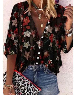 Women's Transparent Blouse with Floral Embroidery and Oversized Cut