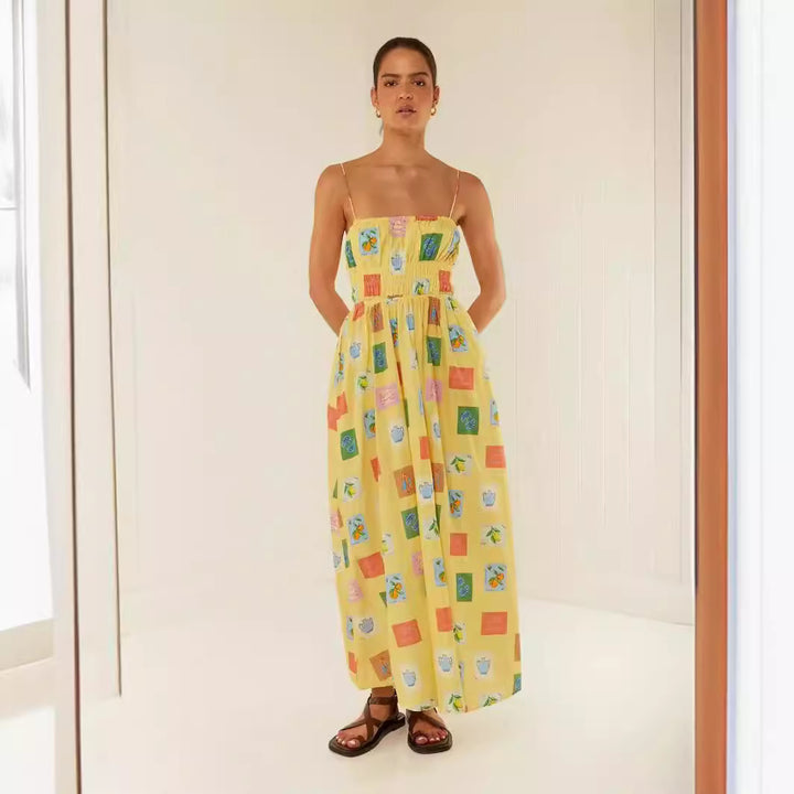 Women's maxi dress with elastic waistband and playful floral pattern Lune London