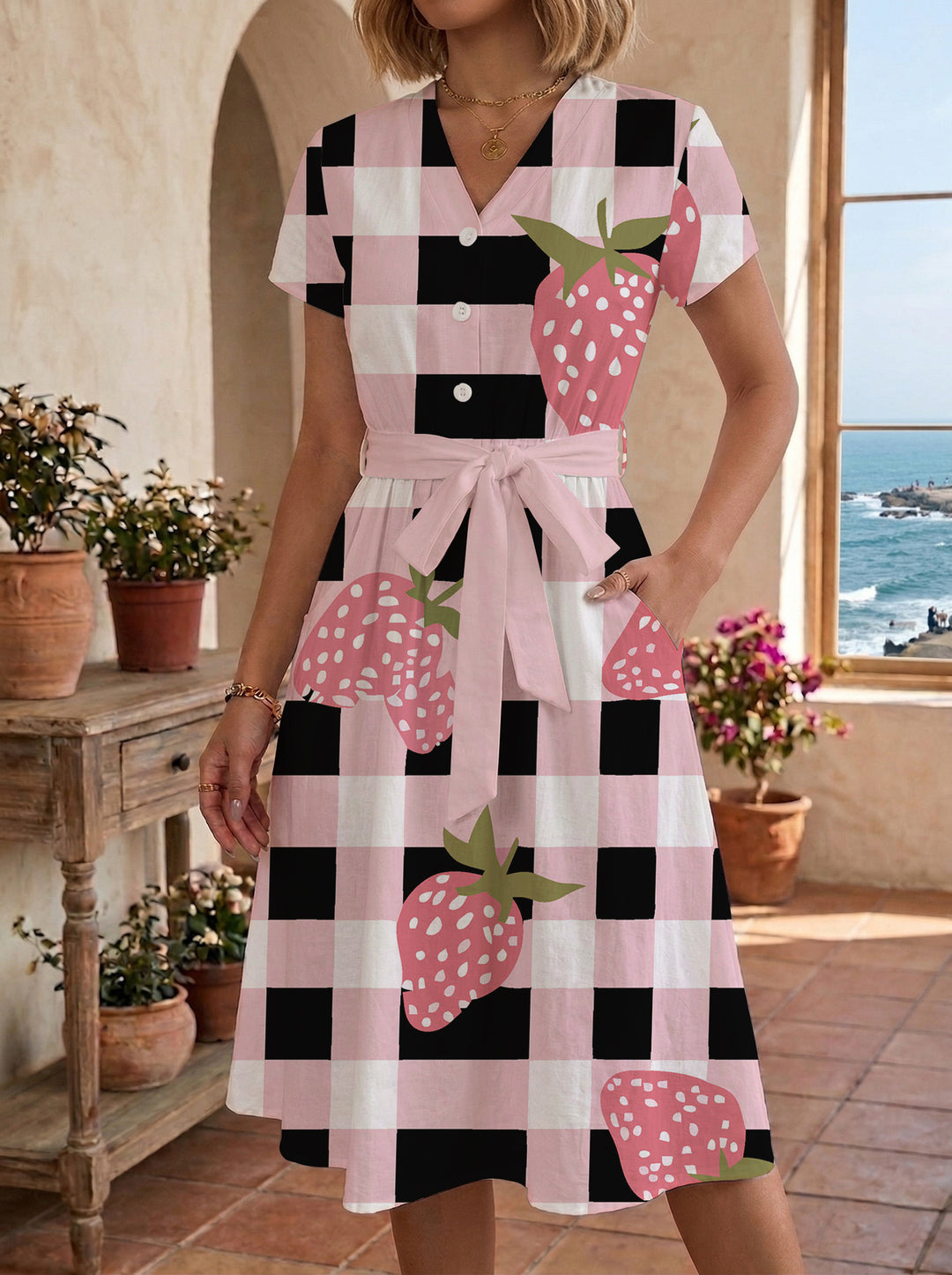 Women's Blooming Midi Dress with Adjustable Belt and Artistic Print Lisslune