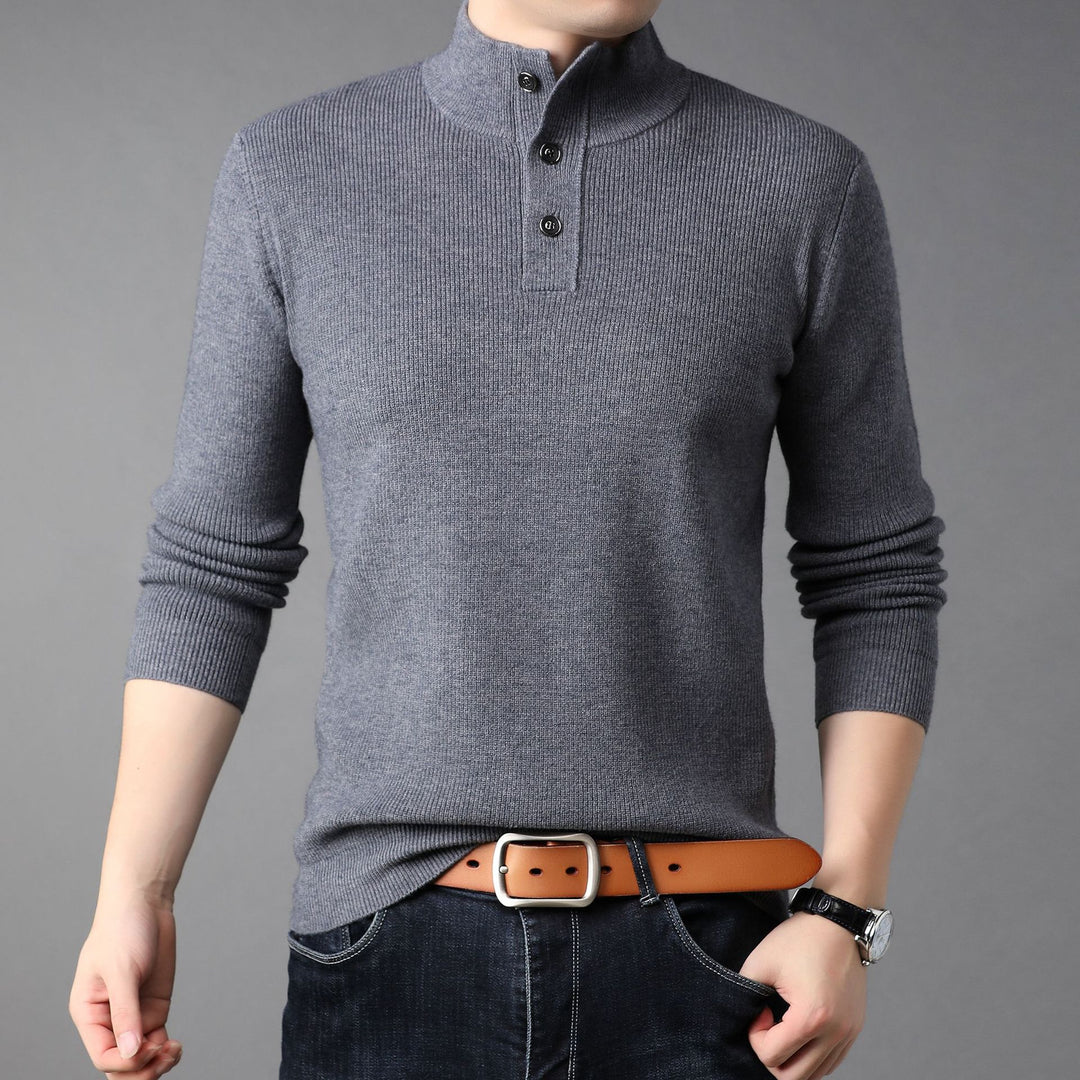 Men's Fine Knit Sweater with High Collar and Button Placket Lisslune