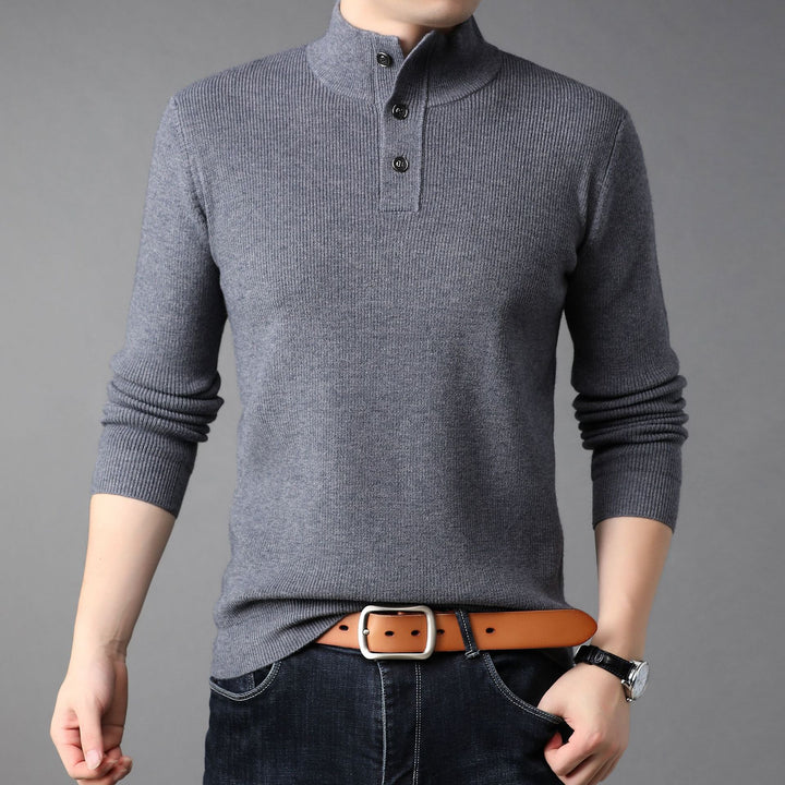 Men's Fine Knit Sweater with High Collar and Button Placket Lisslune