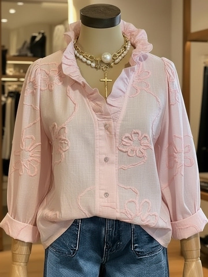 Damen elegante Bluse mit floralen Stickereien und voluminösen Ärmeln Lisslune