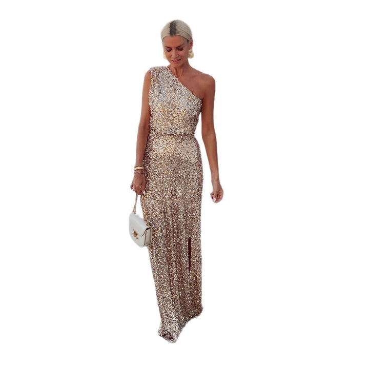 Women Elegant Evening Dress with Sparkling Sequin Fabric and Side Slit Lune London