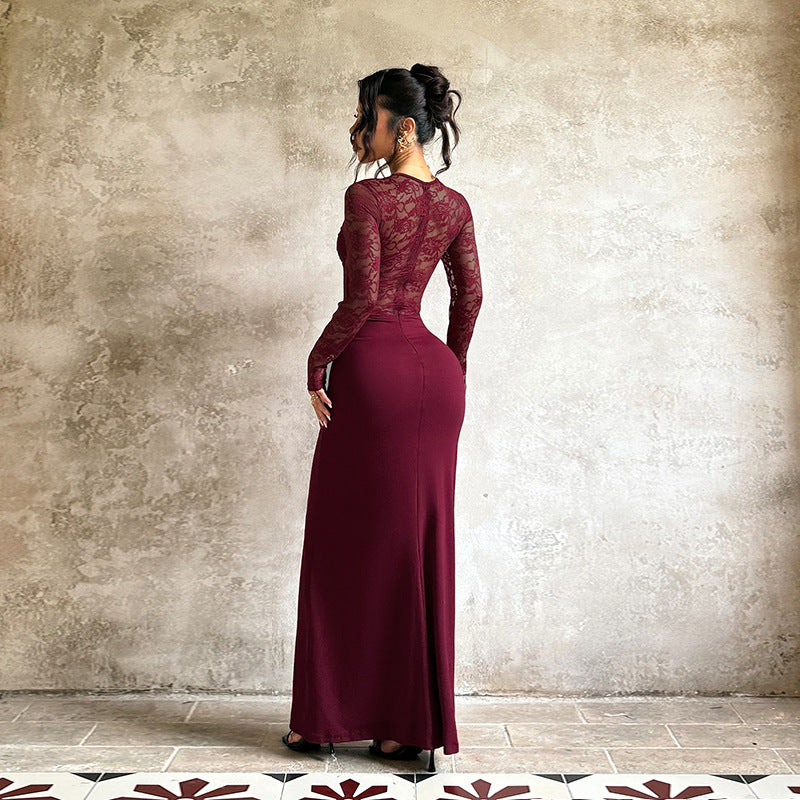 Ladies Elegant Maxi Dress with Lace Top and Sophisticated Draping Details Lune London