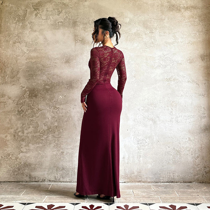 Ladies Elegant Maxi Dress with Lace Top and Sophisticated Draping Details Lune London