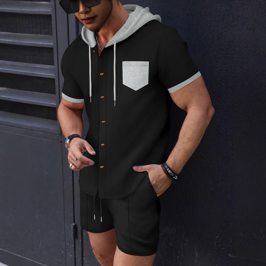 Men's fashionable short-sleeve shirt with matching shorts and practical hooded design Lisslune