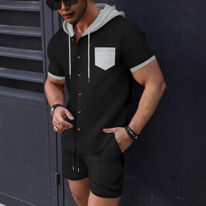 Men's fashionable short-sleeve shirt with matching shorts and practical hooded design Lisslune