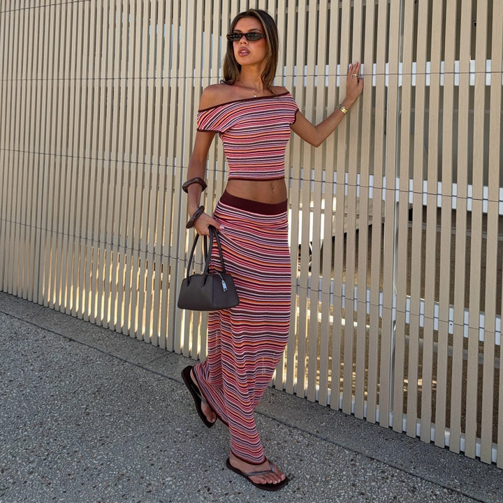 Ladies maxi dress with colorful stripes and off-shoulder design Lisslune