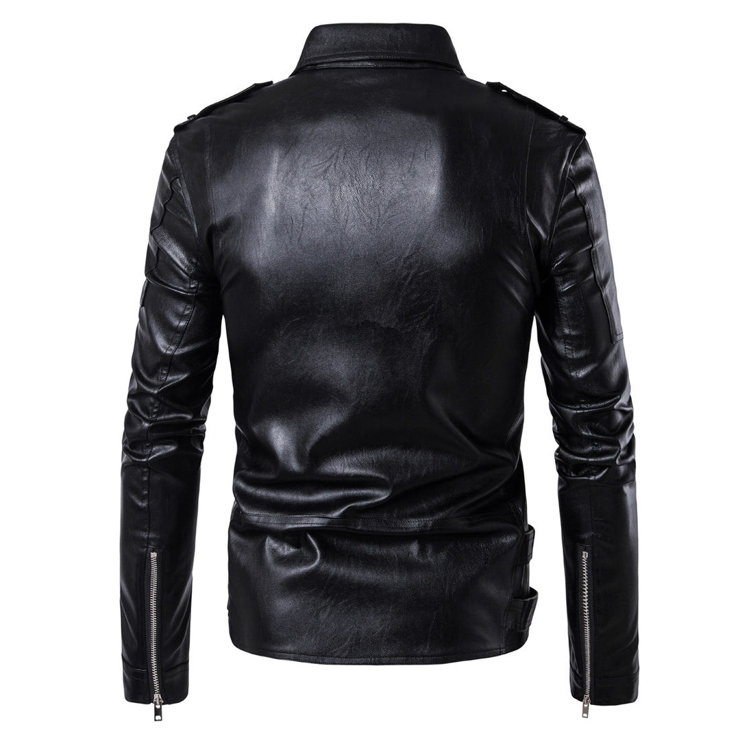 Men's biker jacket made of high-quality leather with an asymmetrical zipper and decorative buckles Lisslune
