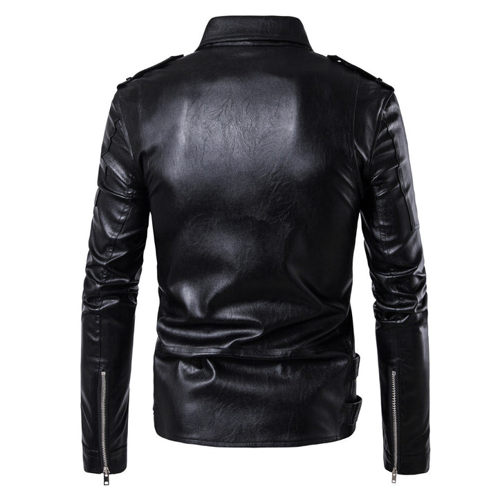 Men's biker jacket made of high-quality leather with an asymmetrical zipper and decorative buckles Lisslune