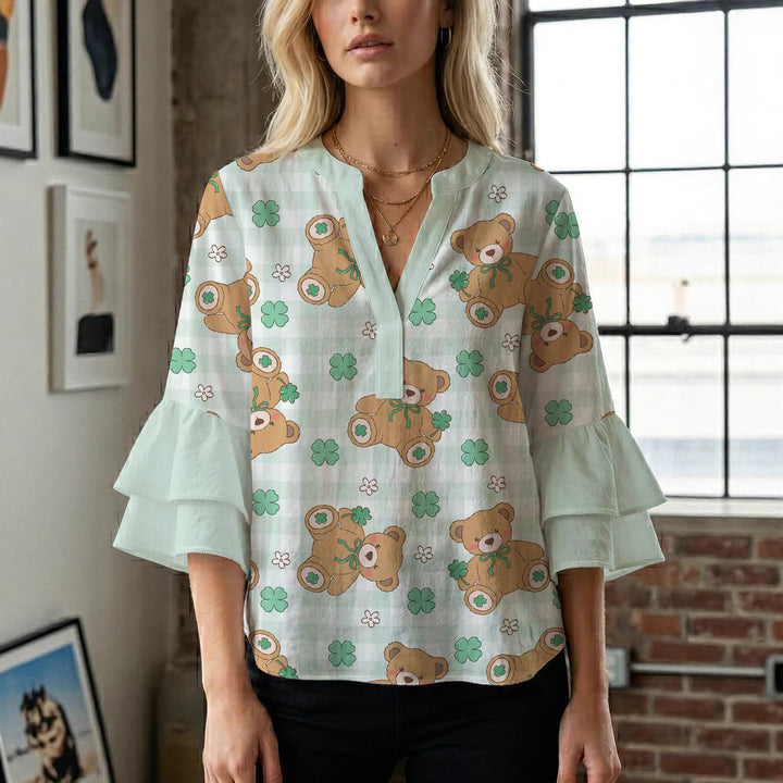 Women's blouse with voluminous wing sleeves and intense leaf pattern Lisslune