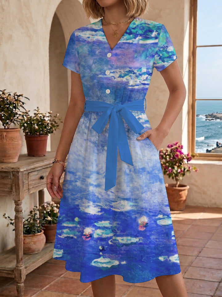 Women's Blooming Midi Dress with Adjustable Belt and Artistic Print Lisslune