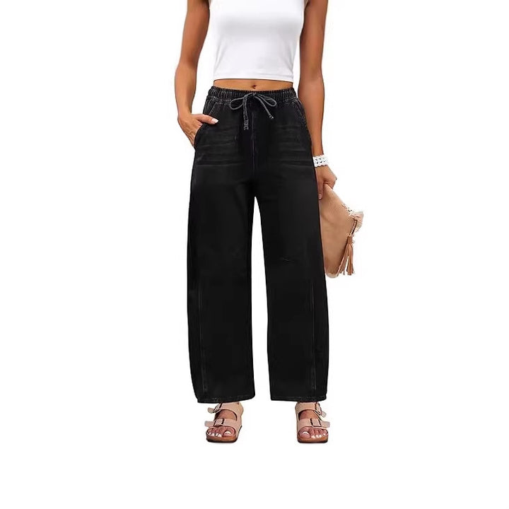 Damen weite Denim-Hose mit elastischem Bund und praktischem Schnitt Lisslune