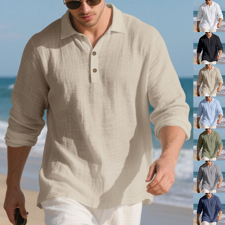 Men's long-sleeved Henley shirt with fashionable collar and decorative button details Lisslune