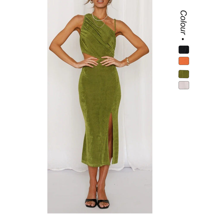 Ladies Elegant Midi Dress with Unique Asymmetric Design and Side Cut-Out Lune London