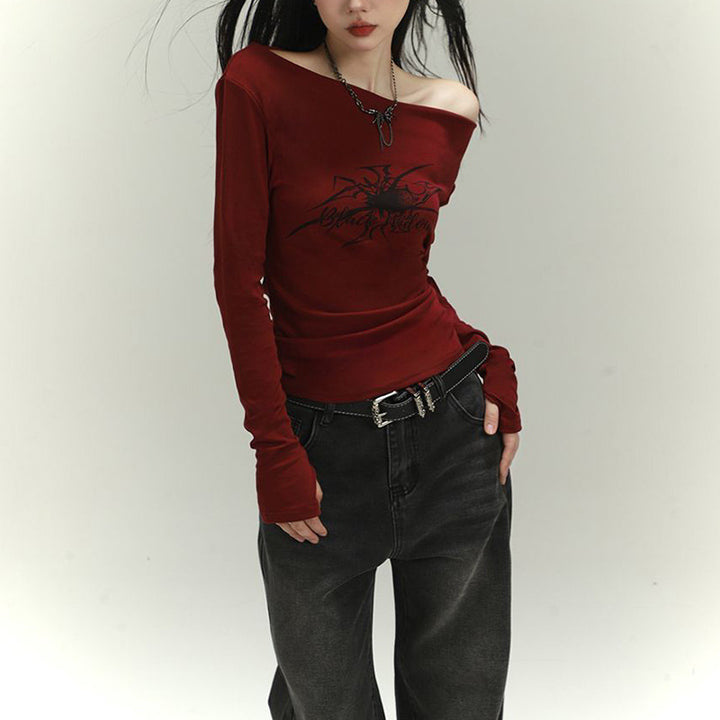 Women's long sleeve shirt with asymmetric neckline and graphic print