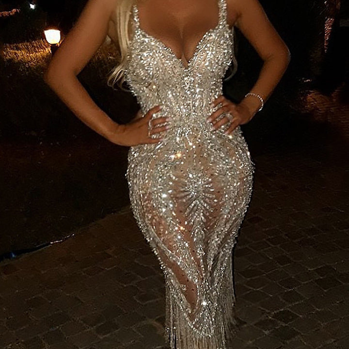Ladies Glamorous Evening Dress with Sparkling Sequins and Fringes Lisslune