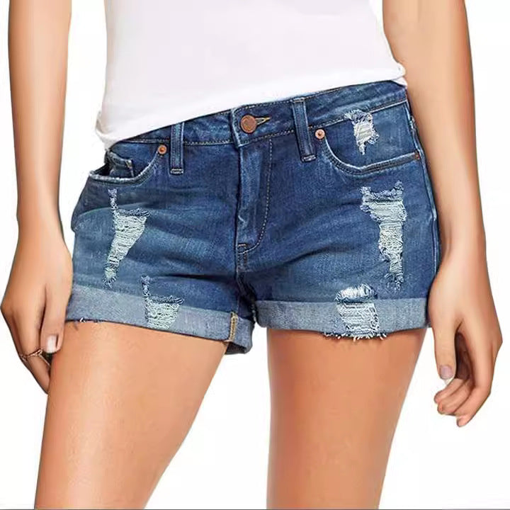 Women's stylish destroyed denim shorts with rolled hem Lisslune