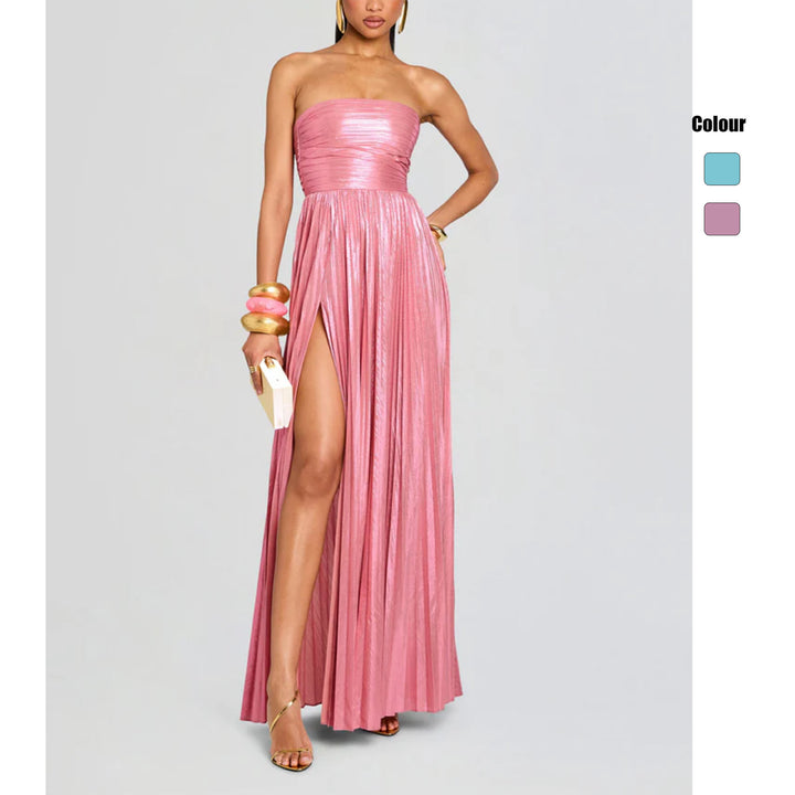 Women's Glamorous Evening Dress with High Slit and Pleated Details Lune London